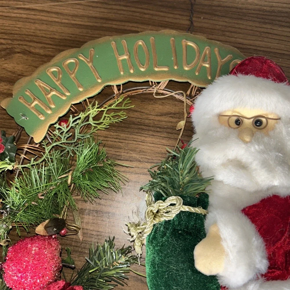 Christmas Santa Happy Holidays Grapevine Wreath Pinecone Wall Decor 18in